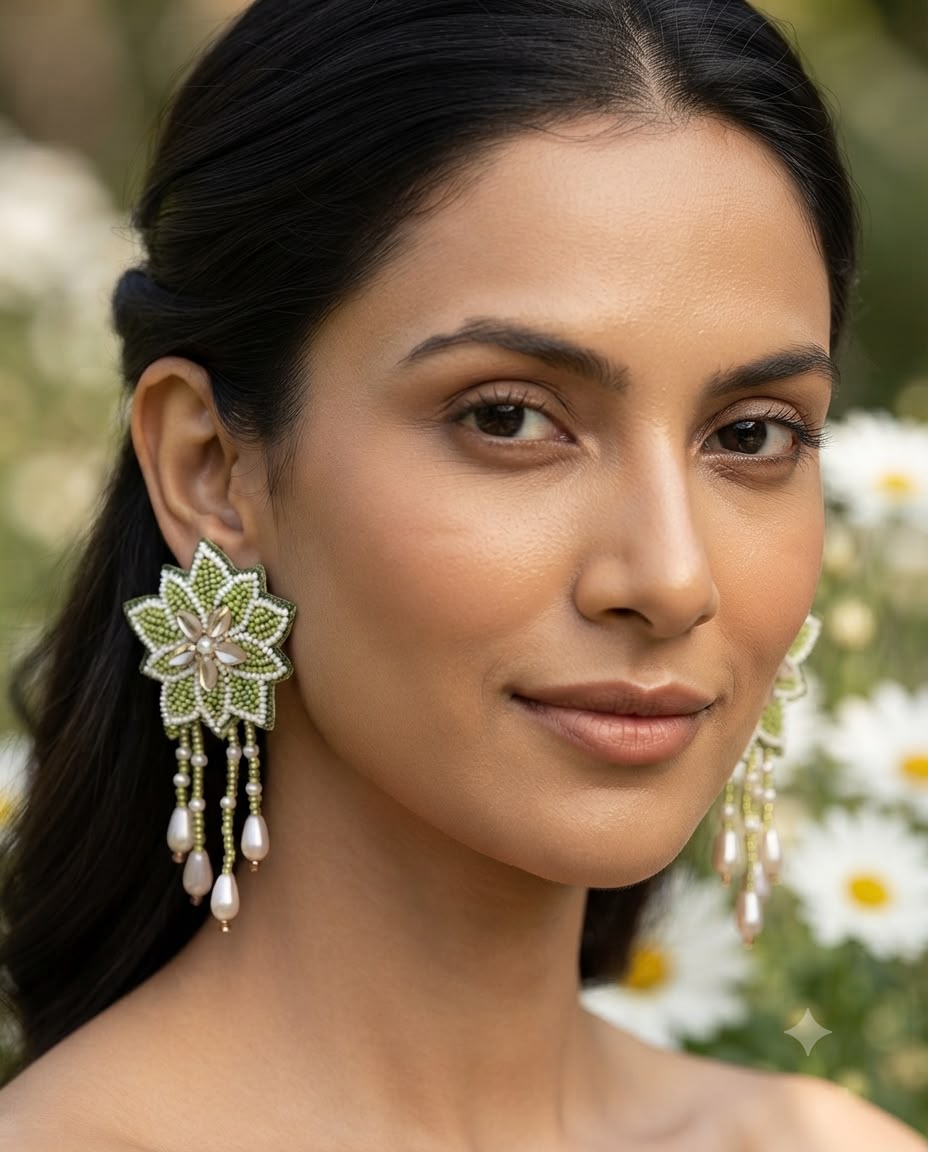 Emerald Petals Handmade Beaded Earrngs
