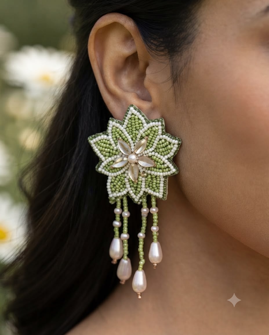 Emerald Petals Handmade Beaded Earrngs